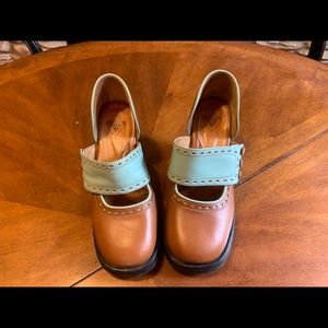 Tan and blue John Fluevogs. Size 7 1/2.